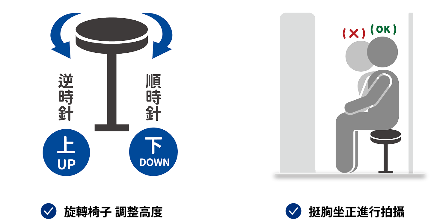三、請旋轉椅子調整高度，並挺胸坐正進行拍攝